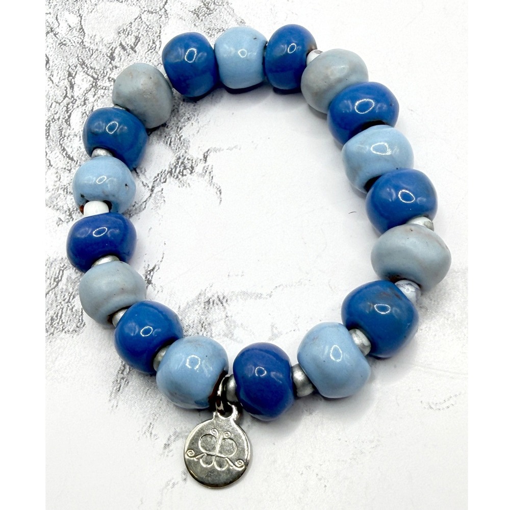 Papillon Haiti Bracelet Set Chunky Beaded Stretch Blue Quartz Artisan - Picture 3 of 7